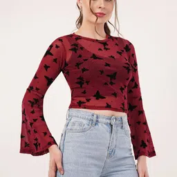 clobug Animal Print Bell Sleeve Net Crop Top image 2