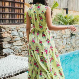 Satnam Handicrafts Women Floral Print Tie-Up Neck Maxi Dress image 4