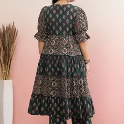 anayna Ethnic Motifs Printed Puffed Sleeves Tiered Pure Cotton Anarkali Kurta with Trouser image 4