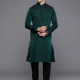 Manyavar Men Green & Black Ethnic Motifs Jacquard Embroidered Kurta with Churidar-picture-25