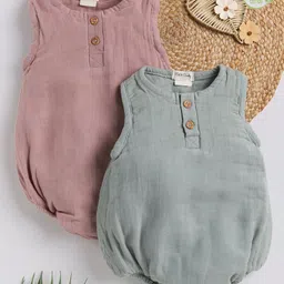 Cot & Candy Sleeveless Round Neck Solid Muslin Romper  -Blush Pink and Sage-picture-18
