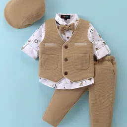 Robo Fry Lycra Knit Full Sleeves Printed 3 Piece Party Suit with Hat & Bow - Tan-picture-31