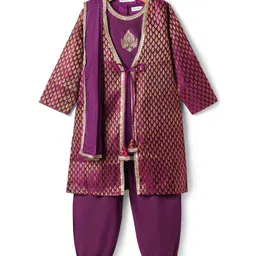Babyoye Woven Floral Embroidered Kurti Salwar & Dupatta with Full Sleeve Foil Printed Jacket - Purple-picture-13