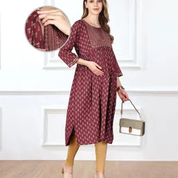 Bella Mama Woven Three Fourth Sleeves Maternity Kurta with Embroidered Neck Pocket & Nursing Access Floral Printed - Maroon-picture-36