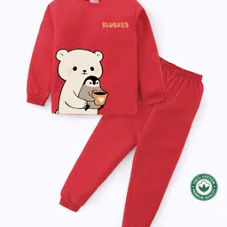 BLUSHES 100% Cotton Knit Full Sleeves Polar Bear & Penguin Printed Night Suit - Red-picture-11