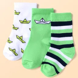 Cute Walk by Babyhug Knit Ankle Length Antibacterial Socks with Paper Boat Design & Stripes Pack of 3 - White & Green-picture-28