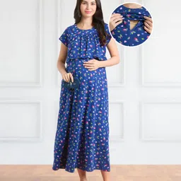 Bella Mama Cotton Knit Half Sleeves Maternity & Nursing Nighty Floral Print - Blue-picture-29
