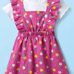 Babyhug Cotton Knit Half Sleeves Frock & Inner Tee with Floral Print & Frill Detailing - Dark Pink-image-12