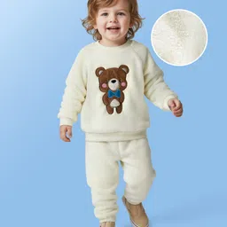 Mark & Mia Fur Knit Full Raglan Sleeves Sweatshirt & Lounge Pant With Teddy Embriodery - Beige-picture-28