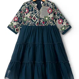 Babyhug Georgette Woven Three Fourth Sleeves Tired Ethnic Dress with Embroidery - Navy Blue-picture-21