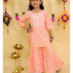 Junitos Pure Cotton Woven Three Fourth Sleeves Chevron Printed Gota Lace Embellished Kurti Sharara Set - Peach-picture-23