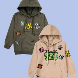 Kiddopanti Fleece Knit Halloween Theme Pack Of 2 Full Sleeves Spooky Pumpkin & Skeleton Printed Light Winter Hooded Sseatshirt - Military Green & Beige-picture-13