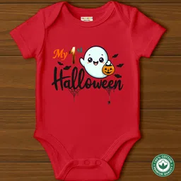 BLUSHES 100% Cotton Knit Halloween Theme Half Sleeves My 1st Halloween Text Printed Onesie - Red-picture-31