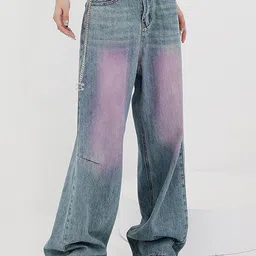 LULU & SKY Women Wide Leg Mildly Distressed Heavy Fade Jeans image 1