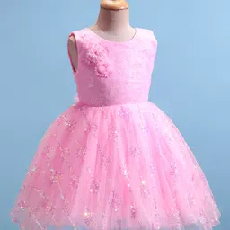 Bluebell Sleeveless Party Frock with Embroidery & Sequin Detailing  Floral Applique - Pink image 2