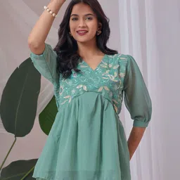 ZELZIS Women V-Neck Light Green Georgette Embroidery Tunic Top-picture-27
