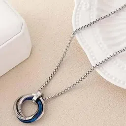 rootwave Stainless Steel Blue & Silver Interlocking Ring Pendant Necklace – Unisex Silver Stainless Steel, Steel, Sterling Silver Locket image 3