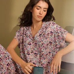 ETC Floral Printed Lapel Collar Pyjamas Set-image-0