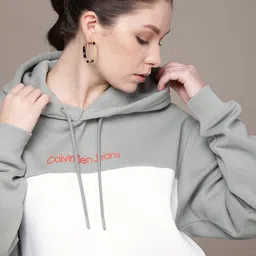 Calvin Klein Jeans Women Grey And White Colourblocked Hooded Sweatshirt-picture-26