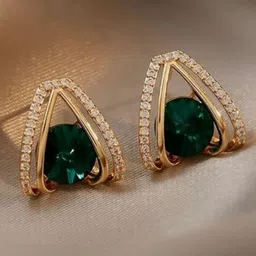 M55 Gold-Plated Crystals & Zircon Studded Triangular Shaped Studs-picture-49