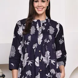 Moda Rapido Floral Print Mandarin Collar Cotton Empire Top-image-85