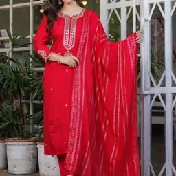 CaniBani Women Ethnic Motifs Embroidered Regular Chanderi Silk Kurta with Trousers & With Dupatta image 2