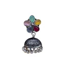 NAMAN ARTS Silver-Plated Artificial Stones Studded & Beaded Dome Shaped Oxidised Jhumkas image 2