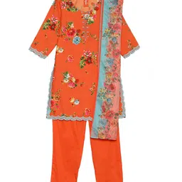 BIBA Three Fourth Sleeves Vintage Floral Printed & Lace Embellished Kurta With Salwar & Floral Printed & Striped Dupatta - Orange-picture-16