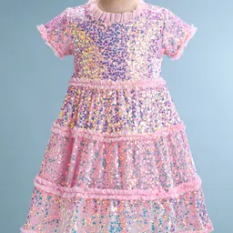 Babyhug Half Sleeves Sequined A-Line Party Frock with Frill Detailing - Pink-picture-23