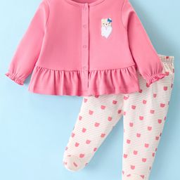 ToffyHouse Cotton Knit Full Sleeves Front Open Top & Footed Leggings With Teddy Print - Pink-image-6