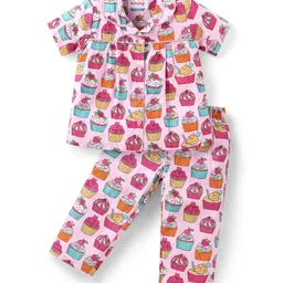 Babyhug Cotton Knit Half Sleeves Front Open Night Suit with Ice Cream Print - Pink-picture-18