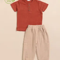 Cot & Candy Organic Cotton Half Sleeves Solid Tee & Lounge Pant Set - Picante & Latte-picture-32