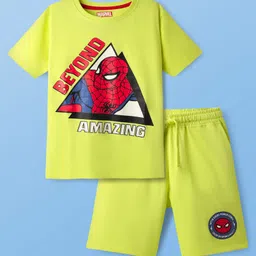 Pine Kids Marvel Single Jersey Knit Half Sleeves Shorts Night Suit with Spider-Man Graphics - Neon Green-image-37