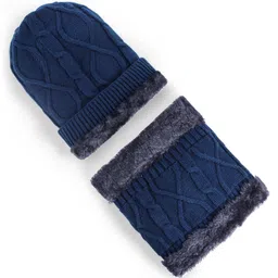 Pine Kids Knit Solid Woollen Cap & Muffler Navy Blue - Diameter 13.5 cm-picture-11