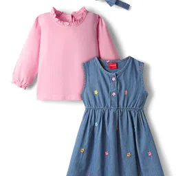 Babyhug Cotton Woven Full Sleeves Floral Embroidered Frock With Tee & Headband - Blue-picture-32