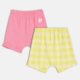 MINI KLUB Cotton Knit Pack Of 2 Checked & Floral Patch Detailed Shorts - Yellow & Pink-picture-29