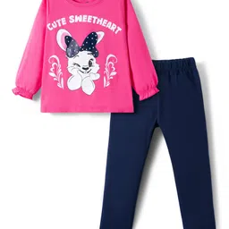 Doodle Poodle 100% Cotton Knit Full Sleeves Top & Lounge Pant Set with Bunny Print - Pink & Navy Blue-picture-37