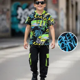 OLLINGTON ST. Cotton Knit Half Sleeves Hooded Text Printed T-Shirt & Knit Joggers Set - Neon Green & Black-picture-25