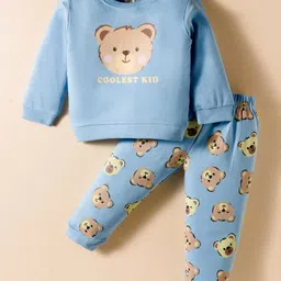 ToffyHouse Knitted Full Sleeves Night Suit With Bear Print - Light Blue-picture-38