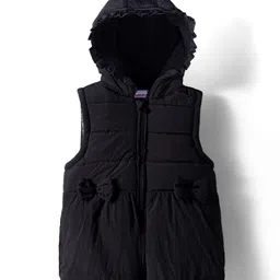 Babyhug Woven Sleeveless Front Open Hoodie with Bow Applique - Black-picture-11