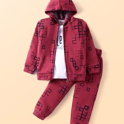Rikidoos Full Sleeves Abstract Printed Hooded Jacket With Tee & Joggers Set - Maroon & White-picture-35