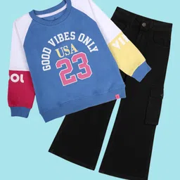 Kiddopanti Fleece Knit Full Raglan Sleeves Good Vibes Only Text Printed Light Winter Sweatshirt With Cargo Pants Set - Blue Pink Yellow & Black-image-82