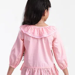 arias by lara dutta Arias Cotton Woven Three FourthSleeves Top With Schiffli Ruffle Detailing - Pink image 2