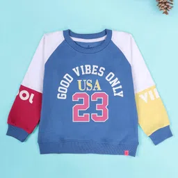 Kiddopanti Fleece Knit Full Raglan Sleeves Good Vibes Only Text Printed Light Winter Sweatshirt With Cargo Pants Set - Blue Pink Yellow & Black image 3