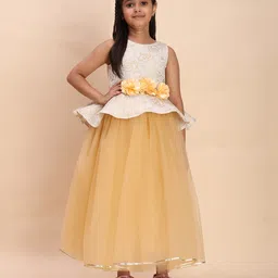 Toy Balloon Kids Net Woven Sleeveless Floral Printed Gota Lace Embellished Gown - Golden image 4