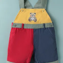 ToffyHouse Corduroy Woven Half Sleeves T-Shirt & Dungaree With Teddy Embroidery & Print - White Blue & Red image 4