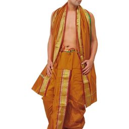 Exotic India Men Art Silk Ready to Wear Dhoti and Veshti Set with Woven Golden Border-picture-22