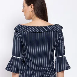 Style Quotient Navy Blue & White Striped Bell Sleeves Crepe Regular Top image 4