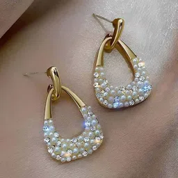 AGARWALPRODUCT Gold-Plated Pearls Beaded Geometric Drop Earrings image 3