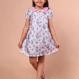 PINK MERMAID Girls Floral Print Puff Sleeve Cotton A-Line Dress-picture-49